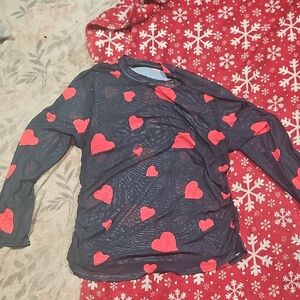 Black Sheer Long Sleeve Top with Red Heart Print